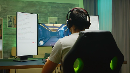 Een gamer met een muts en headset traint intensief voor een computerscherm tijdens een professionele coachingsessie.